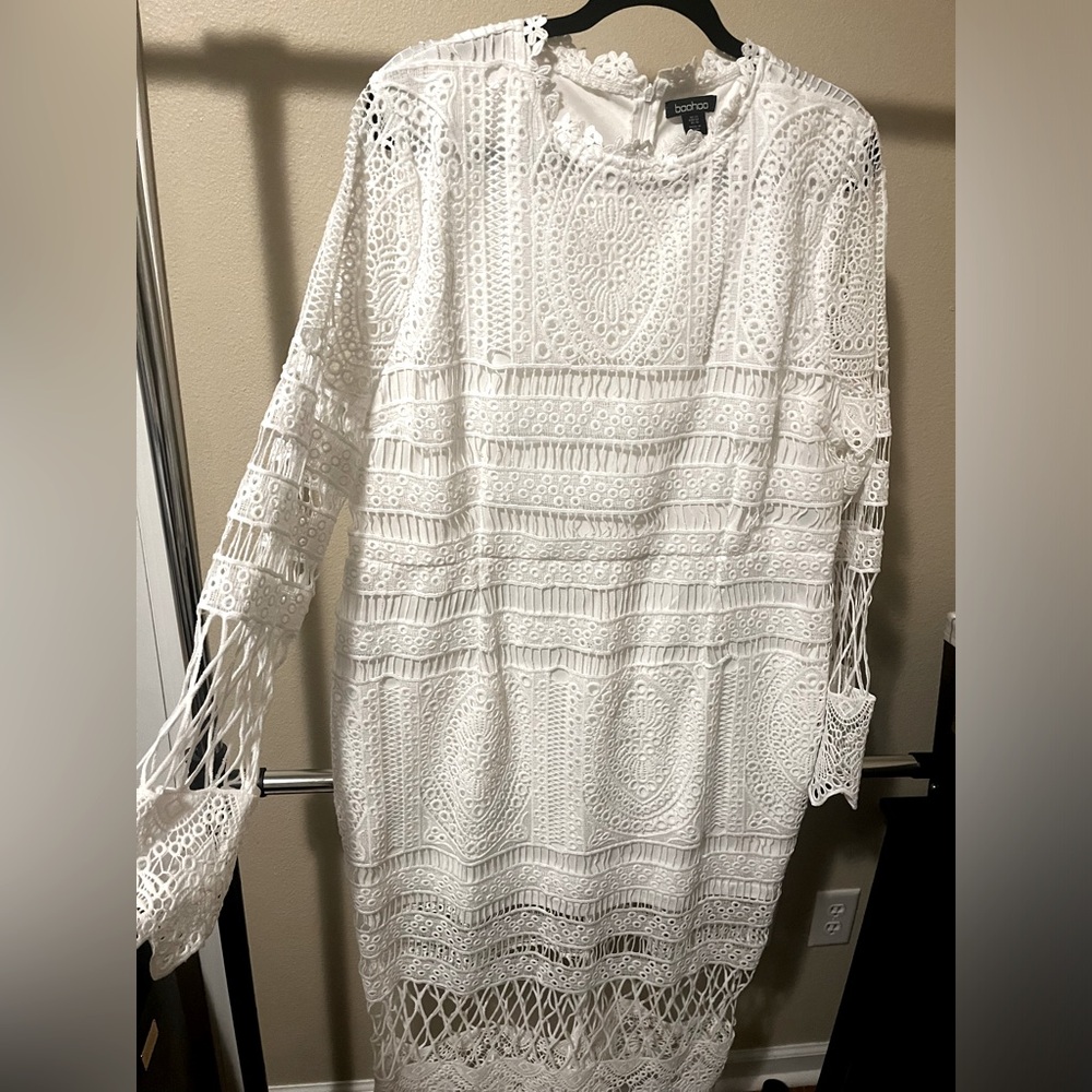 Boohoo White Crochet Lace Long Sleeve Dress